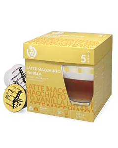 Kaffekapslen Latte Macchiato Vanilla package and capsule for Dolce Gusto
